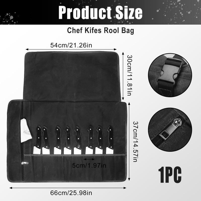 QEES Chef Knife Roll Bag,Waxed Canvas Knife Travel Case,Heavy Duty Professional Knife Carrier Storage Holder with 10 Slots,Portable Kitchen Culinary Tool Organizer for Men,Fits up to 18.8â€Knives.Black - Image 2